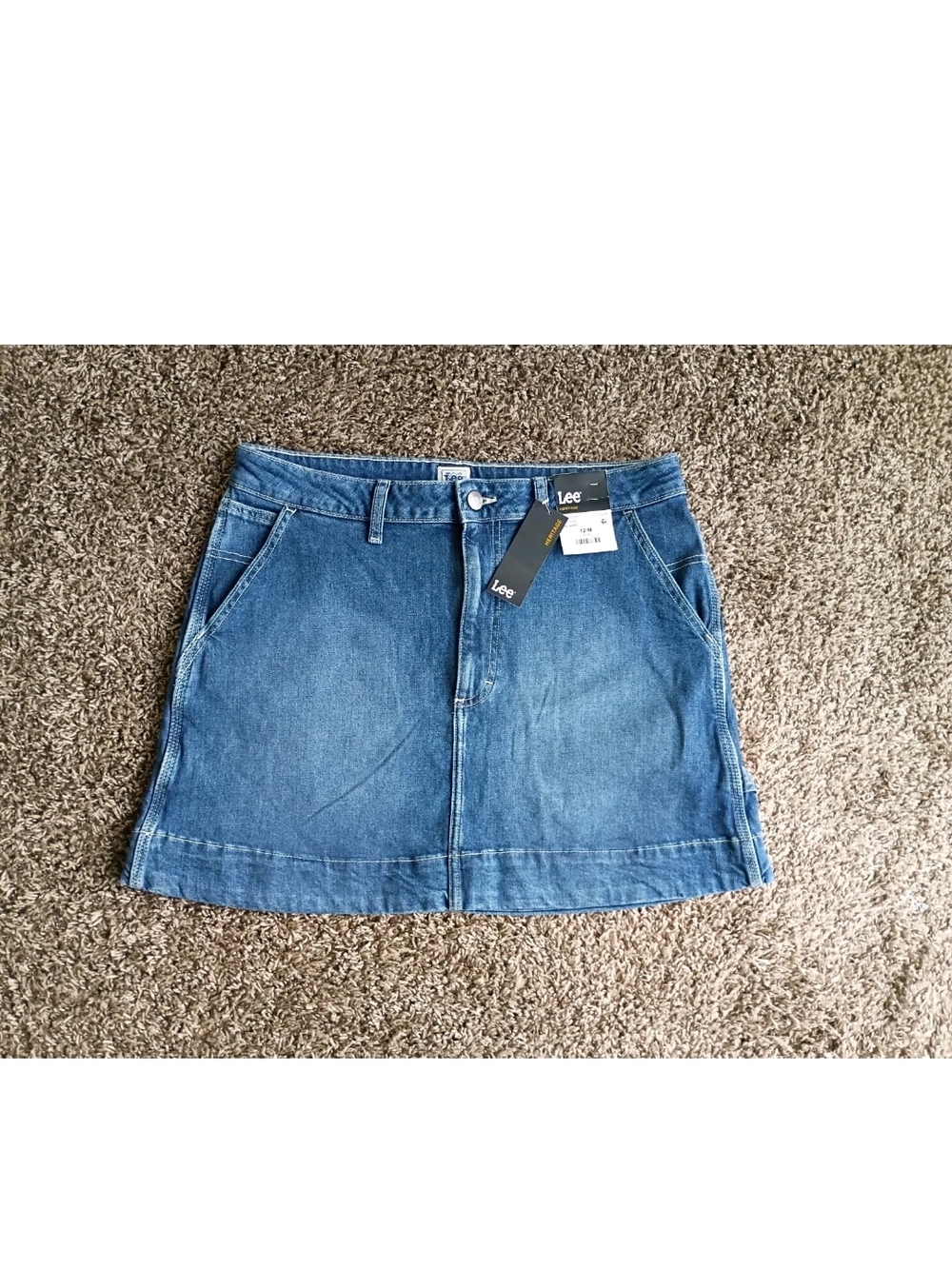 LEE Heritage Denim Jean Midi Short Skirt Sz 12 Blue Wash Utility Carpenter Cargo